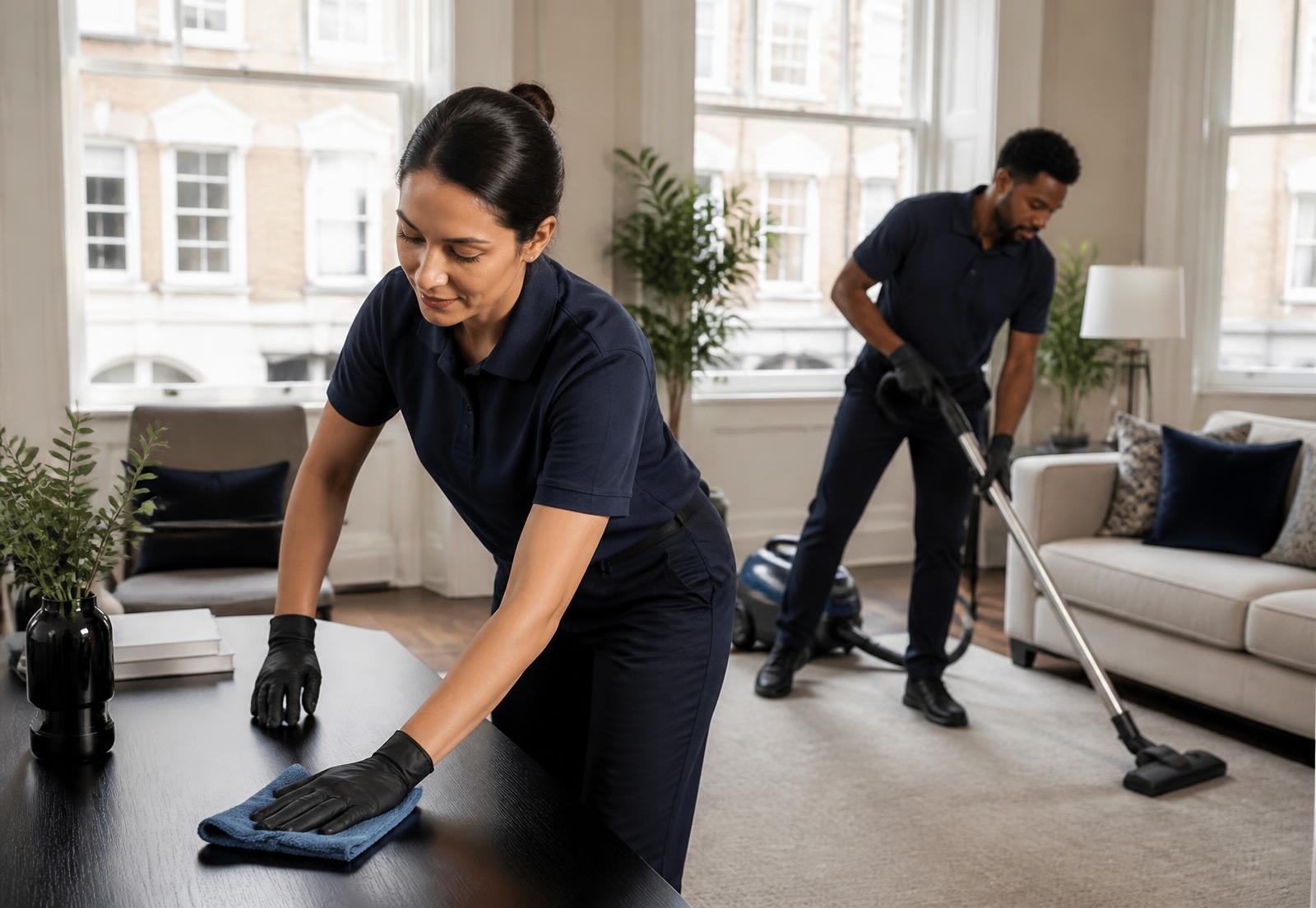 Professional cleaner working in a bright London living space