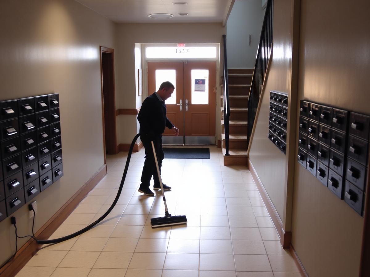 Cleaner cleaning the communal hallway of a shared residential building