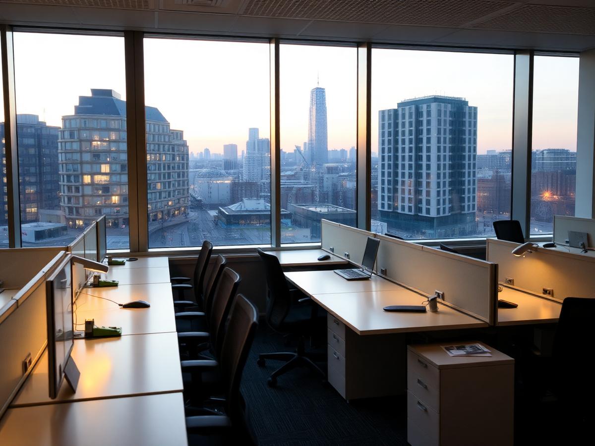 Tidy open plan London office with clean desks at dusk